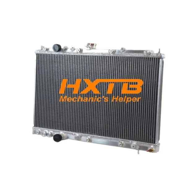 Aftermarket aluminum radiator compatible with Mitsubishi Lancer 1996-2002, offering better heat dissipation than stock
